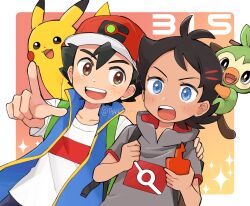 2boys :d antenna_hair ash_ketchum black_hair blue_eyes blue_vest brown_eyes commentary creatures_(company) game_freak gen_1_pokemon gen_4_pokemon gen_8_pokemon goh_(pokemon) grey_shirt grookey hat highres holding holding_phone male_focus multiple_boys nintendo on_head open_clothes open_mouth open_vest phone pikachu pointing pokemon pokemon_(anime) pokemon_(creature) pokemon_journeys pokemon_on_head pokesumomo red_hat rotom rotom_phone shirt short_hair short_sleeves smile sparkle symbol-only_commentary t-shirt teeth tongue twitter_username upper_teeth_only vest white_shirt