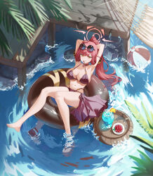 1girl absurdres armband armpits arms_behind_head aru_(blue_archive) ball barefoot beachball bikini black_choker blue_archive breasts choker commentary cup drinking_glass eyewear_on_head flip-flops food fruit halo hammock highres innertube large_breasts long_hair looking_at_viewer moly_(molyy0218) navel o-ring o-ring_bikini orange_eyes outdoors palm_leaf purple_bikini red_hair sandals sitting solo sunglasses swim_ring swimsuit water