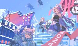 2024 4girls :d absurdres ahoge antlers bailu_(honkai:_star_rail) bare_shoulders black_boots black_dress blue_bow blue_bowtie blue_eyes blunt_bangs boots bow bowtie character_request commentary day dress english_commentary fu_xuan_(honkai:_star_rail) fur-trimmed_dress fur_trim gift hair_bobbles hair_ornament hat highres holding holding_gift honkai:_star_rail honkai_(series) horns kurattes long_hair long_sleeves march_7th_(honkai:_star_rail) medium_hair multiple_girls open_mouth orange_eyes outdoors outstretched_arm pantyhose pink_hair sitting smile snow standing strapless strapless_dress white_hair white_hat white_horns white_pantyhose winter