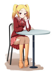 1girl aoyama_mio bad_id bad_pixiv_id blonde_hair blush boots female_focus full_body gradient_hair hair_ornament hairclip head_rest highres ishida_seito kami_nomi_zo_shiru_sekai knee_boots long_hair multicolored_hair platform_boots platform_footwear school_uniform shadow simple_background sitting solo table twintails