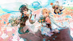 Rule 34 | &gt; &lt;, 1boy, 2girls, anniversary, aqua eyes, aqua hair, backless dress, backless outfit, bare shoulders, black bow, black bowtie, black hair, blonde hair, bouquet, bow, bowtie, capelet, commentary, detached sleeves, dress, english commentary, feather hair ornament, feathers, flower, genshin impact, gradient hair, green capelet, green shorts, hair flower, hair ornament, halo, holding, holding instrument, in-universe location, instrument, long hair, long sleeves, lumine (genshin impact), lyre, magic, mouth hold, multicolored hair, multiple girls, namie-kun, one eye closed, paimon (genshin impact), pantyhose, scarf, shirt, shorts, sitting, statue, town, trap, v, venti (genshin impact), white dress, white flower, white hair, white pantyhose, white scarf, white shirt, wind, windwheel aster (genshin impact), yellow eyes
