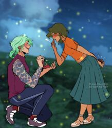 ! 1boy 1girl anklet arm_behind_back blue_skirt blurry blurry_background blush closed_eyes cloud cloudy_sky cove_holden denim earrings fireflies flustered full_body green_hair grin hair_bun hand_on_own_face hetero highres hill horizon jeans jewelry leaning_forward looking_at_another main_character_(our_life) marriage_proposal midriff minthe_draws mole mole_on_cheek night night_sky on_one_knee orange_shirt our_life:_beginnings_and_always pants sandals shirt shoes skirt sky sleeveless sleeveless_shirt smile sneakers stud_earrings tattoo tattoo_sleeve