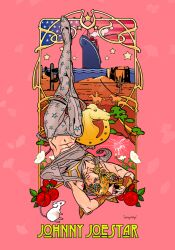 1boy american_flag art_nouveau birthmark blonde_hair blue_eyes cactus character_name flower grey_hoodie grey_pants hat hood hoodie horseshoe horseshoe_hat_ornament joestar_birthmark johnny_joestar jojo_no_kimyou_na_bouken male_focus medium_hair mouse_(animal) navel orange_hat pants red_flower scar ship silhouette sleeveless sleeveless_hoodie solo star_(symbol) star_print steel_ball_run tanaka_kaori upside-down watercraft wristband