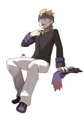 1boy black_shoes black_sweater blonde_hair bottle commentary_request creatures_(company) game_freak hand_up headband highres himurohiromu hot invisible_chair long_sleeves looking_to_the_side male_focus medium_hair morty_(pokemon) nintendo official_style open_mouth pants pokemon pokemon_hgss purple_headband purple_scarf scarf shoes sitting solo sweat sweater unworn_scarf water_bottle white_background