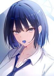 Rule 34 | 1girl, absurdres, blue archive, blue eyes, blue hair, blue halo, blue necktie, breasts, candy, choi2494, cleavage, collarbone, collared shirt, food, halo, highres, holding, holding candy, holding food, holding lollipop, lollipop, necktie, saori (blue archive), shirt, short hair, solo, upper body, white shirt