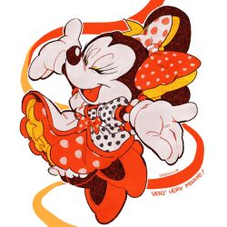 1girl animal_ears bow dress gloves hair_bow high_heels highres looking_at_viewer mickey_mouse_&amp;_friends minnie_mouse moov_(mb_52) mouse_ears mouse_girl mouse_tail open_mouth polka_dot polka_dot_bow polka_dot_dress smile solo tail white_gloves