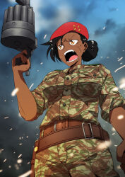 belt belt_buckle beret black_hair breasts buckle bullets call_of_duty call_of_duty:_black_ops_2 cloud collarbone dark_skin finger_on_trigger fist genderswap genderswap_(mtf) grenade_launcher hair_bun hair_over_one_eye hair_tied_back hat highres holding holding_weapon jonas_savimbi military military_uniform mrxinom national_union_for_the_total_independence_of_angola open_mouth original pants real_life scar shouting skindentation teeth tongue weapon