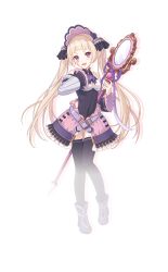 1boy :d bare_shoulders belt black_leotard black_thighhighs blunt_bangs blush bonnet boots crossdressing detached_sleeves drop_shadow elf frilled_skirt frills full_body grey_sleeves hand_on_own_cheek hand_on_own_face hands_up holding holding_staff leotard long_hair looking_at_viewer mirror official_art open_mouth pink_skirt pointy_ears princess_connect! purple_belt purple_bonnet simple_background skirt leotard smile solo staff standing tachi-e thighhighs transparent_background trap twintails very_long_hair wide_sleeves yuki_(princess_connect!) zettai_ryouiki