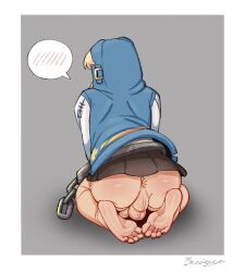 Rule 34 | 1boy, anus, ass, black skirt, bridget (guilty gear), buisy (xionanon), clothes lift, feet, guilty gear, guilty gear strive, hood, hood up, hooded jacket, jacket, male focus, penis, skirt, skirt lift, solo, speech bubble, testicles, toes, trap, uncensored