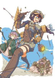 6+boys arrow_(projectile) black_hair blue_eyes blush boots bow_(weapon) brown_boots cloak colored_skin commentary_request dress drill fang feena_(shingeki_no_bahamut) full_body granblue_fantasy green_cloak green_skin grey_shirt grey_shorts highres holding holding_bow_(weapon) holding_staff holding_sword holding_weapon hood hood_up hooded_cloak kokuya_(kokuya28) looking_at_another looking_back minigob multiple_boys open_mouth orc pointy_ears purple_hair quiver running shingeki_no_bahamut shirt short_hair shorts skin_fang smile staff sword weapon white_dress