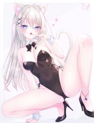 1girl absurdres animal_ears anklet arm_support black_bow black_bowtie black_footwear black_leotard blue_eyes bow bowtie breasts cameltoe cat_ears cat_girl cat_tail commission covered_navel detached_collar finger_to_tongue fluff hair_between_eyes hair_ornament heart heart-shaped_pupils high_heels highleg highleg_leotard highres jewelry leotard long_hair medium_breasts open_mouth original pimochi_mochi pink_pupils pumps signature simple_background skeb_commission solo squatting straight_hair strapless strapless_leotard symbol-shaped_pupils tail tongue tongue_out white_background white_hair white_wrist_cuffs wrist_cuffs x_hair_ornament