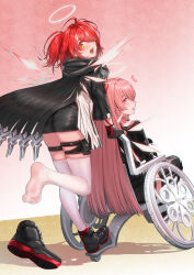 2girls arknights black_boots black_dress black_jacket black_shoes black_shorts boots commentary_request cropped_jacket detached_wings dress exusiai_(arknights) exusiai_the_new_covenant_(arknights) flying_sweatdrops from_behind hair_over_one_eye halo highres jacket lemuen_(arknights) long_hair looking_back medium_hair multiple_girls open_mouth orange_eyes paid_reward_available pink_hair red_eyes red_hair shoe_loss shoes shorts siblings sisters soles thigh_strap thighhighs wheelchair white_dress white_thighhighs wings yamauchi_(conan-comy)