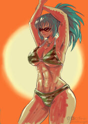 Rule 34 | 1girl, arms up, bikini, blue hair, breasts, cameltoe, chstrangelll, csterzo, curvy, female focus, glasses, huge breasts, large breasts, leona heidern, long hair, military, outdoors, panties, ponytail, standing, sun, sunglasses, swimsuit, the king of fighters, thick thighs, thighs, toned, toned female, underboob, underwear, wide hips