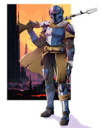 1boy armor batiedwards full_body gun helmet highres holding holding_gun holding_weapon mandalorian mandalorian_armor mandalorian_helmet rifle solo star_wars weapon