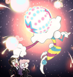 1boy 1girl alternate_costume anabel_(pokemon) blacephalon black_dress chibi dress fireworks gen_7_pokemon highres looker_(pokemon) necktie new_year night night_sky nintendo open_mouth pokemon pokemon_(creature) pokemon_sm purple_eyes purple_hair sky sleeveless sleeveless_dress sweat ultra_beast v-shaped_eyebrows vergolophus