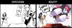 Rule 34 | 3girls, absurdres, adarin, blue hair, cheese print, cup, cymbals, drop kick, expectation vs. reality, fangs, flying kick, food print, hakos baelz, hat, heterochromia, highres, hololive, hololive english, horns, instrument, irys (hololive), irys (maid) (hololive), kicking, long hair, maid, mob cap, multiple girls, ouro kronii, ouro kronii (maid), pointy ears, pov, purple hair, shoe soles, sunglasses, teacup, virtual youtuber