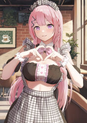 1girl absurdres apron black_tube_top bow bowtie brick_wall cafe commentary_request gibun_(sozoshu) grin heart heart_hands highres indoors long_hair looking_at_viewer maid maid_headdress original parted_lips pink_bow pink_bowtie pink_hair plaid_apron plaid_clothes plaid_headdress revision smile solo standing strapless tube_top window
