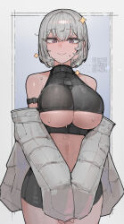1girl azz0422 bare_shoulders blush breasts closed_mouth commentary commission embarrassed grey_background grey_hair highres large_breasts navel original purple_eyes qr_code short_hair short_shorts shorts signature sleeveless sleeveless_sweater solo solo_focus sparkle star_(symbol) sweat sweater underboob watermark