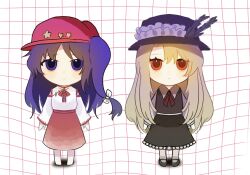 Rule 34 | 2girls, aka owwo ri, bare shoulders, barefoot, black shoes, blonde hair, brown hat, brown skirt, brown vest, chibi, collarbone, commentary request, detached sleeves, flat cap, frilled hat, frilled skirt, frills, full body, hat, hat feather, hat ornament, highres, jacket girl (dipp), label girl (dipp), long hair, long sleeves, mandarin collar, mary janes, multiple girls, neck ribbon, newsboy cap, purple eyes, purple hair, red eyes, red hat, red ribbon, red skirt, ribbon, shirt, shoes, side ponytail, simple background, skirt, sleeveless, sleeveless shirt, socks, standing, star (symbol), star hat ornament, touhou, very long hair, vest, white shirt, white sleeves, white socks, wide sleeves