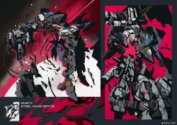 Rule 34 | armored core, armored core vi: fires of rubicon, battle damage, blue eyes, character name, debris, full body, holding, holding weapon, humanoid robot, impaled, kuroihato, loader 4, mecha, mecha focus, missing limb, no humans, pile bunker, red background, robot, science fiction, shoulder cannon, steel haze ortus, twitter username, weapon