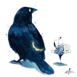 1other artist_name backpack bag bird blue_jacket closed_eyes commentary crescent crow gloves glowing helmet highres jacket kazunoko_(kazunoko_zunoco) looking_at_object mini_person original radio_antenna shadow signature simple_background space space_helmet standing white_background white_gloves