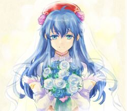 1girl blue_eyes blue_flower blue_hair blue_rose bouquet bridal_veil dress elbow_gloves fire_emblem fire_emblem:_the_binding_blade fire_emblem_heroes flower gloves hair_flower hair_ornament holding holding_bouquet lilina_(bridal)_(fire_emblem) lilina_(fire_emblem) long_hair looking_at_viewer nintendo rose smile upper_body usachu_now veil wedding_dress white_flower white_rose