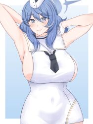 1girl absurdres ako_(blue_archive) ardinassau arm_behind_back armpits black_necktie blue_archive blue_eyes blue_hair blue_halo blush breasts covered_navel dress gloves hair_between_eyes halo highres large_breasts long_hair looking_at_viewer necktie sailor_collar sideboob smile solo white_dress white_gloves white_sailor_collar