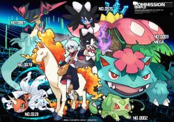 1girl alternate_color bag black_shorts blue_eyes boots bulbasaur closed_mouth commission dragapult english_text engrish_text fingernails foreshortening gen_1_pokemon gen_5_pokemon gen_8_pokemon gothitelle grey_hair highres holding holding_poke_ball long_sleeves mega_pokemon mega_venusaur meow_on_road nintendo poke_ball poke_ball_(basic) pokemon pokemon_(creature) ranguage rapidash seaking shiny_pokemon shorts sparkle umbrakinesis venusaur white_boots