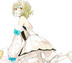 1boy bare_shoulders blue_bow boots bow detached_sleeves double_bun dress fate/grand_order fate_(series) green_hair hair_bun kneeling looking_back male_focus open_mouth orange_eyes pako_(pakosun) paris_(fate) sheep simple_background solo white_background white_boots wool