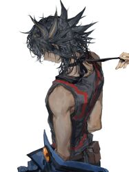 1boy bare_shoulders belt belt_pouch black_hair black_shirt blue_jacket closed_eyes facial_tattoo facing_away facing_to_the_side fudo_yusei highres holding holding_ribbon jacket looking_down male_focus momentcorefly open_clothes open_jacket pouch ribbon shirt sleeveless sleeveless_shirt spiked_hair string_around_neck string_pull tattoo white_background yu-gi-oh! yu-gi-oh!_5d&#039;s