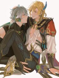 2boys alhaitham_(genshin_impact) antenna_hair arm_support black_gloves black_pants black_shirt blonde_hair blue_sash blush braid cable cape chest_jewel commentary earrings elbow_gloves english_commentary eye_contact feather_hair_ornament feathers fingerless_gloves gem genshin_impact gloves gold_trim green_cape green_eyes green_gemstone grey_hair hair_ornament hand_on_another&#039;s_head hand_up headphones highres jewelry kaveh_(genshin_impact) long_hair long_sleeves looking_at_another male_focus multiple_boys necklace pants parted_lips partially_fingerless_gloves puffy_long_sleeves puffy_sleeves red_eyes sash shirt short_hair simple_background single_braid sitting sleeveless sleeveless_shirt smile somtam tassel thighlet vision_(genshin_impact) white_background white_shirt yaoi