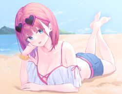 1girl absurdres ass bare_shoulders beach bikini blue_eyes blue_shorts blue_sky blush breasts cloud cloudy_sky day eyewear_on_head heart heart-shaped_eyewear highres large_breasts looking_at_viewer lying medium_hair ocean on_stomach open_mouth original outdoors pasdar pink_hair sand scrunchie shorts sky smile solo sunglasses swimsuit the_pose thighs white_bikini wrist_scrunchie yellow_scrunchie