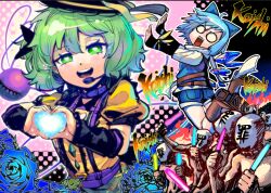 2girls 6+boys adapted_costume alternate_costume black_hat blue_bow blue_flower blue_hair blue_rose blue_shirt blue_shorts boots bow brown_boots chinese_commentary cirno commentary_request denim detached_wings eyeball flower glowstick green_eyes green_hair green_skirt hair_bow hat headset heart heart-shaped_pupils heart_hands heart_in_heart_hands heart_of_string heran_hei_mao holding holding_glowstick ice ice_wings jeans komeiji_koishi multiple_boys multiple_girls open_mouth pants puffy_short_sleeves puffy_sleeves rose sack scarf shirt short_sleeves shorts sin_sack skirt symbol-shaped_pupils third_eye touhou touhou_hero_of_ice_fairy white_scarf wings yellow_shirt