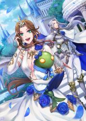 1boy 1girl aerith_gainsborough aerith_gainsborough_(prism_dress) armor blue_flower blue_ribbon blue_rose breasts brown_hair cape castle cleavage dress final_fantasy final_fantasy_vii final_fantasy_vii_ever_crisis final_fantasy_vii_remake flower green_eyes grey_hair halu-ca highres long_hair pants ribbon rose sephiroth smile square_enix tiara tonberry white_dress white_pants yellow_eyes