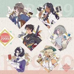 1boy 5girls argus_(reverse:1999) armpit_hold artist_name bare_shoulders belt between_fingers black_hair black_jacket black_neckerchief black_ribbon blanket blonde_hair blue_coat blue_eyes blue_neckerchief blunt_bangs blunt_ends bob_cut book braid brown_belt brown_gloves brown_hair brown_hat burn_scar cabbie_hat cake cake_slice candy centurion_(reverse:1999) closed_mouth coat copyright_name cowboy_hat cropped_torso dark-skinned_female dark_skin dice disco_ball door dress feather_boa flower food from_side gloves grey_hair grey_hat grey_tank_top grin gun hand_up hat helmet holding holding_blanket holding_dice holding_gun holding_helmet holding_paper holding_weapon j_(reverse:1999) jacket lollipop long_braid long_hair maid maid_headdress marcus_(reverse:1999) mercuria_(reverse:1999) midriff motor_vehicle motorcycle motorcycle_helmet movie_projector multicolored_hair multiple_girls navel neck_flower neck_ribbon neckerchief open_book over_shoulder paper paper_roll profile projector purple_dress purple_flower reverse:1999 ribbon rifle sachertorte_(food) scar scar_on_face scarf shirt short_hair shoulder_tattoo single_braid smile streaked_hair suitcase swaddled tank_top tattoo tuesday_(reverse:1999) upper_body weapon weapon_on_back weapon_over_shoulder white_dress white_hair white_scarf white_shirt white_tank_top yellow_eyes yurax-mae
