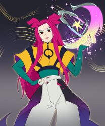 1girl alune_(league_of_legends) black_background bodysuit closed_mouth crop_top fingernails gradient_background green_bodysuit grey_background hand_up highres league_of_legends long_hair long_sleeves nail_polish odeko_yma pants red_eyes red_hair sharp_fingernails shirt sleeves_past_wrists solo twintails white_pants yellow_shirt