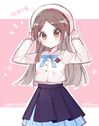 1girl blue_bow blue_bowtie blue_skirt bow bowtie brown_eyes brown_hair buttons chinese_commentary chinese_text closed_mouth cohana collared_jacket commentary_request cowboy_shot dated gakuen_idolmaster hat hatsuboshi_gakuen_school_uniform highres idolmaster jacket kuramoto_china long_hair long_sleeves notice_lines outline parted_bangs pleated_skirt school_uniform skirt smile solo tareme translation_request white_hat white_jacket white_outline