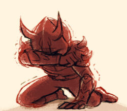 Rule 34 | 1boy, armor, covering face, crying, hiding face, kamen rider, kamen rider den-o (series), male focus, momotaros, monster, monster boy, on ground, oni, red armor, sad, trembling