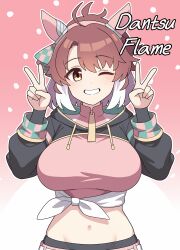 1girl absurdres ahoge animal_ears blush breasts brown_hair dantsu_flame_(umamusume) double_v ear_ornament grin highres hood horse_ears horse_girl large_breasts long_sleeves looking_at_viewer navel notched_ear one_eye_closed pink_background pink_shorts shorts smile solo umamusume v vector_(dmlddmld00)