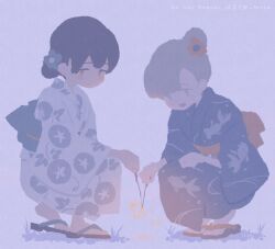Rule 34 | 2girls, alternate costume, blue flower, blush, closed mouth, fireworks, floral print, flower, grass, hair bun, hair flower, hair ornament, haruta (hrtco), holding, holding fireworks, japanese clothes, kantai collection, kasuga maru (kancolle), kimono, long sleeves, multiple girls, obi, open mouth, orange flower, sandals, sash, shin&#039;you (kancolle), simple background, single hair bun, sparkler, squatting, twitter username, wide sleeves, yukata, zouri