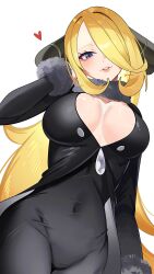 1girl absurdres alternate_breast_size black_coat blonde_hair blush breasts cleavage coat covered_navel cynthia_(pokemon) fur-trimmed_coat fur-trimmed_sleeves fur_collar fur_trim grey_eyes hair_ornament hair_over_one_eye heart highres large_breasts long_hair long_sleeves looking_at_viewer navel nintendo parted_lips pokemon pokemon_dppt simple_background smile solo very_long_hair white_background yasaikakiage