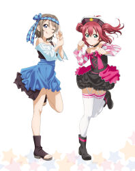 2girls :t aqua_eyes artbook black_choker blue_eyes blue_skirt blush boots choker clenched_hands collarbone cross-laced_clothes detached_sleeves dress frills full_body garter_straps grey_hair hair_between_eyes hat headband highres japanese_clothes kinmirai_happy_end kurosawa_ruby leg_up long_sleeves looking_at_viewer love_live! love_live!_sunshine!! multiple_girls non-web_source official_alternate_costume official_art one_eye_closed paw_pose red_hair shirt short_hair simple_background skirt smile standing standing_on_one_leg thighhighs tongue tongue_out twintails two_side_up watanabe_you white_background