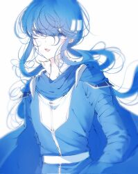 1boy androgynous armor belt blue_cape blue_eyes blue_hair blue_tunic blurry blush cape curly_hair depth_of_field fire_emblem fire_emblem:_genealogy_of_the_holy_war floating_cape floating_hair hair_between_eyes headband highres long_hair long_sleeves looking_at_viewer low_ponytail messy_hair nintendo open_mouth pauldrons ponytail seliph_(fire_emblem) shoulder_armor sidelocks simple_background solo tunic upper_body white_background white_belt white_headband yurari_forever