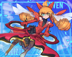 1girl bare_shoulders blonde_hair blue_background breasts character_name dress drill_hair elbow_gloves fusion gen_2_pokemon gloves gwen_(league_of_legends) heterochromia highres holding holding_scissors league_of_legends long_hair nintendo phantom_ix_row pokemon red_dress red_gloves scissors scizor small_breasts smile solo twin_drills twintails