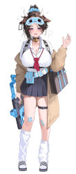 Rule 34 | 1girl, 82jhin, absurdres, animal ears, bandaid, bandaid on knee, bandaid on leg, bell, belt, belt buckle, belt pouch, black choker, black skirt, blue belt, blue eyes, blue scrunchie, blush, breasts, brown cardigan, brown hair, buckle, cardigan, chest harness, choker, cleavage, collarbone, commentary request, cow ears, cow girl, cow horns, crossed bandaids, ear tag, full body, grey bag, gun, hair ornament, hair scrunchie, hand up, harness, highres, holding, holding gun, holding weapon, horns, large breasts, long sleeves, looking at viewer, loose necktie, neck bell, necktie, open cardigan, open clothes, open mouth, original, pleated skirt, pouch, red necktie, scrunchie, shirt, short hair, simple background, skirt, sleep mask, slippers, socks, solo, squeans, standing, teeth, thigh strap, upper teeth only, weapon, white background, white shirt, white socks