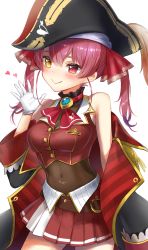 1girl absurdres ascot bad_id bad_pixiv_id bare_shoulders belt bicorne black_choker black_coat black_hat blush breasts brooch brown_belt choker cleavage closed_mouth coat cropped_jacket frilled_choker frills gloves gold_trim hair_ribbon hat heterochromia highres hololive houshou_marine jacket jewelry kiki-yu leather_belt leotard leotard_under_clothes long_hair looking_at_viewer medium_breasts miniskirt off_shoulder pirate pirate_hat pleated_skirt red_ascot red_eyes red_hair red_jacket red_ribbon red_skirt ribbon see-through_clothes see-through_cleavage see-through_leotard skirt sleeveless sleeveless_jacket smile solo twintails virtual_youtuber waving white_gloves yellow_eyes