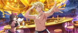 1boy 1girl arm_garter armpit_crease arue_(konosuba) bar_(place) bar_stool bikini black_arm_garter blonde_hair book bracelet brown_hair collarbone drill_hair dust_(konosuba) eyepatch flower game_cg grin hair_between_eyes hair_flower hair_ornament hairband hand_on_own_chin hand_over_face hibiscus highres holding holding_book jewelry kono_subarashii_sekai_ni_shukufuku_wo! konosuba!_fantastic_days long_hair looking_at_another looking_at_viewer looking_back male_swimwear mole mole_under_eye navel necklace night official_alternate_costume official_art open_book open_mouth outdoors outstretched_arm palm_tree pool red_bikini red_eyes red_flower red_hairband red_swim_trunks shade short_hair sitting smile smirk standing stomach stool swim_trunks swimsuit tree