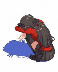 Rule 34 | 1girl, back, black hair, black skirt, black thighhighs, blue eyes, cat shadow puppet (meme), fate/stay night, fate (series), from behind, full body, hair ribbon, highres, long hair, meme, red shirt, ribbon, shadow, shirt, shoes, simple background, skirt, solo, squatting, thighhighs, tohsaka rin, two side up, white background, xxxxay
