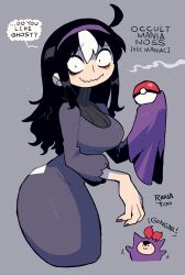 2girls :3 absurdres ahoge bags_under_eyes black_hair black_nails blush bow breasts closed_mouth cosplay dress english_text gen_1_pokemon gengar gengar_(cosplay) glasgow_smile hair_bow hairband hex_maniac_(pokemon) hex_maniac_(pokemon)_(cosplay) highres hood hood_up jaggy_lines large_breasts long_dress long_fingers long_hair long_sleeves looking_at_viewer messy_hair multicolored_hair multiple_girls nintendo noss_&amp;_zakuro noss_(rariatto) pointy_ears poke_ball poke_ball_(basic) pokemon pokemon_(creature) pokemon_xy purple_dress purple_hairband rariatto_(ganguri) red_bow ribbed_dress smile standing streaked_hair vampire wavy_mouth white_hair zakuro_(rariatto)