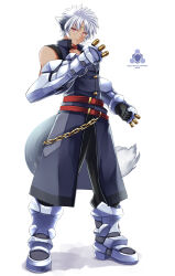 Rule 34 | 1boy, belt, black pants, blue dress, boots, character name, commentary request, copyright name, dress, forehead jewel, full body, gauntlets, hand up, highres, looking at viewer, lyrical nanoha, mahou shoujo lyrical nanoha, mahou shoujo lyrical nanoha a&#039;s, multiple belts, paid reward available, pants, red eyes, scar, scar on face, short hair, simple background, sleeveless, sleeveless dress, solo, sougetsu izuki, standing, white background, white hair, zafira